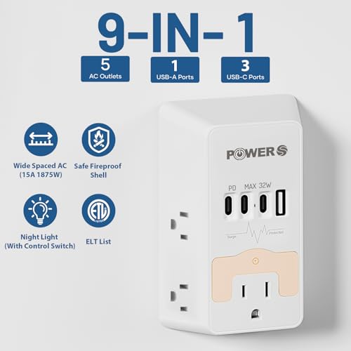 20W PD Fast Charging Wall Outlet with USB Ports (3C1A), Electrical Outlet Extender with Night Light, Surge Protector, Wall Plug Adapter for Multiple Devices, Wall Socket Expander - size: PDL-3C1A