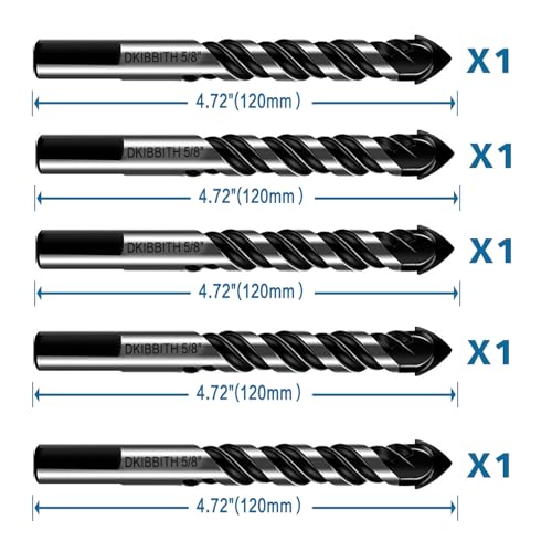 5-Piece 5/8“ Masonry Drill Bits for Tile Glass Ceramic Wall Brick Stone Soft-Metal Wood, 5/8 Inch Concrete Drill Bits Cement Drill Bit Set, 3-Flat Shank, YG8 Carbide Tungsten Steel Alloy Tip 16mm - size: 5 Piece 5/8 Inch Drill Bit Set
