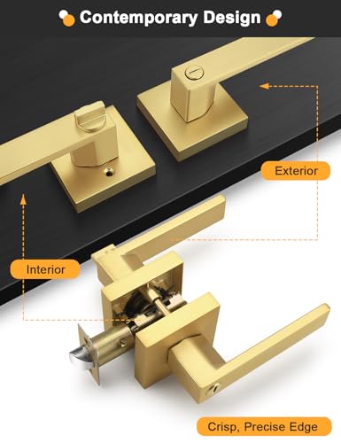Gobrico 1 Pack Heavy Duty Gold Square Privacy Interior Door Levers, Satin Brass Finish, Bedroom and Bathroom Door Handles Keyless Bed/Bath Lockset - color: Brushed Gold