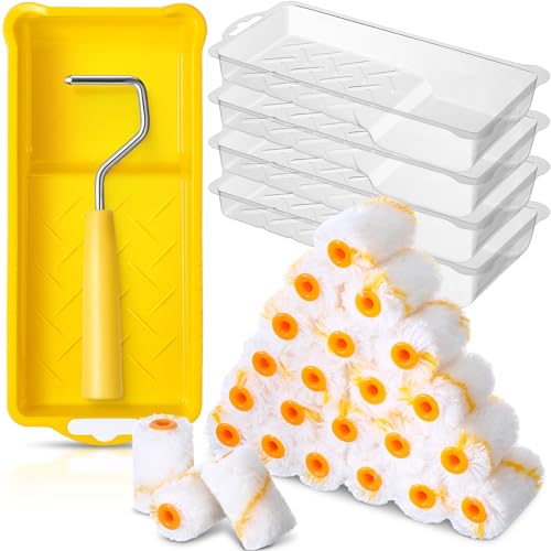 Leumoi Pack of 30 Paint Roller Kit Includes 24 Pcs 2 Inch Microfiber Roller Covers with Tray, 1 Mini Roller Frame, 4 Liners, Touch Up Trim Kit with Tray for House Painting Supplies