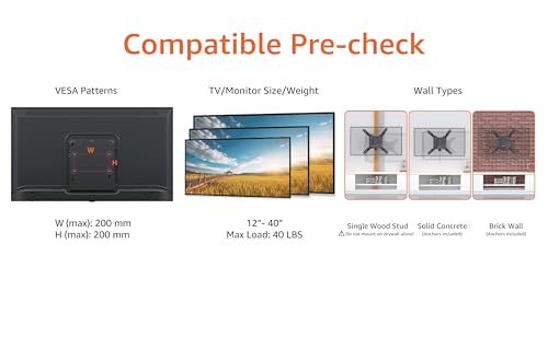 Amazon Basics Fixed Flat TV Wall Mount, Low Profile, for 12" to 40" TVs, VESA 200x200, 40 lbs Capacity, with Installation Template, Black - size: 12" to 40", style: Fixed