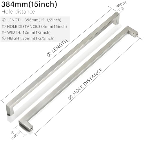 Cabinet Pulls Brushed Nickel Cabinet Handles Square Drawer Pulls, 10 Pack 15 Inch Stainless Steel Kitchen Door Cupboard Cabinet Handles, Cabinet Hardware Drawer Handles, 384mm Hole Centers - color: Brushed Nickel, size: Two Hole - 15 inch Hole Centers(384