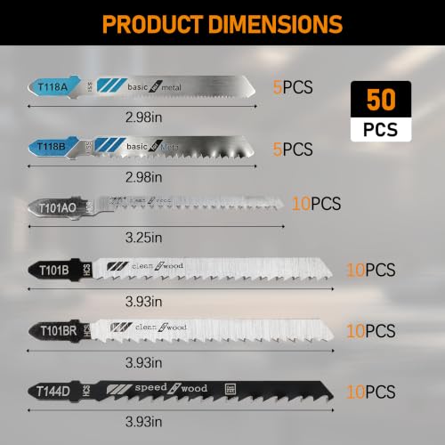 50 Pack T-Shank Jigsaw Blades Set for Wood Metal Plastic Cutting