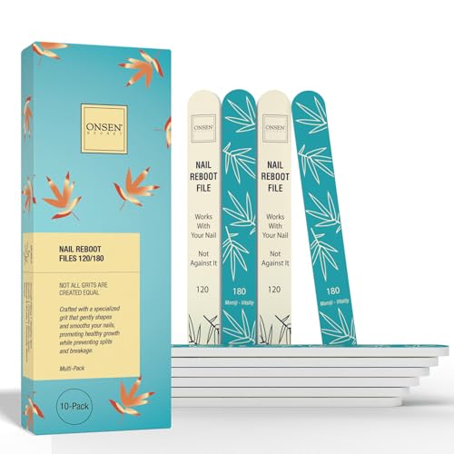 Onsen Secret Japanese Nail File - Professional 10-Pack Nail Files, Double Sided Natural & Acrylic Filers - 120/180 Grit - Disposable, Salon Smooth | Best Onsen File for Shiny Nails - size: 10 Nail Files