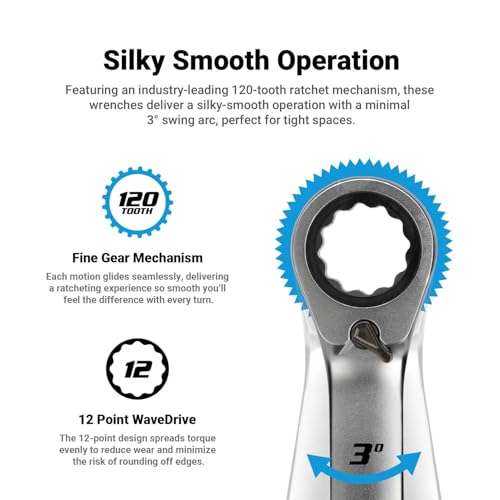 Capri Tools 15 mm 120-Tooth Ultra-Smooth Reversible Ratcheting Combination Wrench, XL Long Series, Metric, 12-Point - size: 15 mm