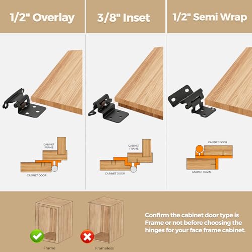 4 Pack 2 Pair Black Cabinet Hinges, 3/8" Inset Semi-Concealed Hinges - color: Black, size: 3/8" Inset
