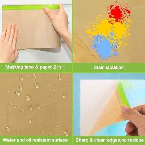 Pre-Taped Masking Paper-24 inch x 50 feet Automotive Paint Masking Paper, Painters Paper for Cars and Auto Body,Floor Protection,Wall Covering (1 roll)