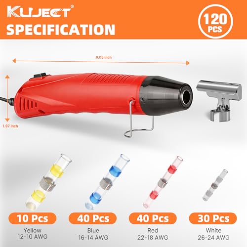 Kuject Mini Heat Gun, 120PCS Solder Seal Wire Connectors Kit, 350W Dual-Temp Heat Gun for Shrink Tubing, Waterproof Heat Shrink Wire Repair Kit with Solder Stick for Marine Automotive Truck, AWG 26-10