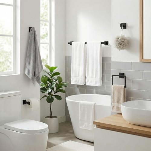5-Pieces Matte Black Bathroom Accessories Set, 24 Inch Bath Towel Bar Set, SUS 304 Stainless Steel Bathroom Hardware Set, Towel Racks for Bathroom Wall Mounted - color: H-24 Matte Black
