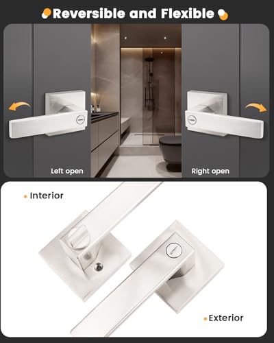 Gobrico Privacy Square Brushed Nickel Door Handles Interior, Keyless Door Knobs for Bed/Bath, Reversible for Left Right Handed Doors, 1 Pack - color: Silver
