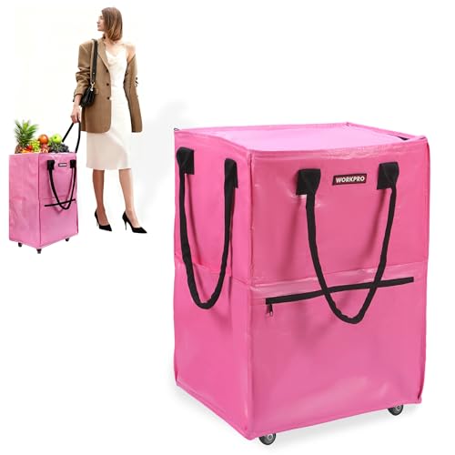 WORKPRO Large Rolling Grocery Bag, 36-Gallon Rolling Tote with 5 Wheels - color: Pink, size: Large