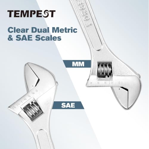Tempest 12 Inch Adjustable Wrench with Laser Etched SAE and Metric Scales, Carbon Steel Heavy Duty Leverage Shifter Spanner with Smooth Worm Gear for Large Pipe Repairs and Mechanical Tasks - size: 12 Inch