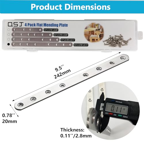 QSJ 4 Pack Flat Straight Bracket Mending Plate for Wood Stainless Steel Straight Brackets 242mm / 9.5" Wood Brace with Screws - size: Silver, 9.5 Inch