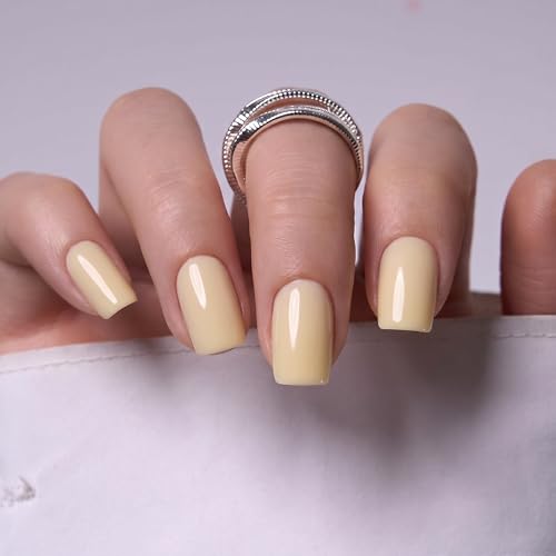CurvLife Short Square French Tip Press On Nails, Verdant Edge Green - color: Butter Glow