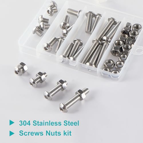 M8 x 10mm 20mm 30mm 40mm Button Head Socket Cap Screws Bolts and Nuts, Stainless Steel 304, Bright Finish, Metric Allen Hex Drive, Fully Thread, Assortment Kit 48PCS - size: Button M8x10-40mm+Nuts
