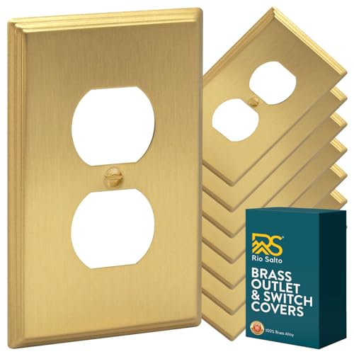 Rio Salto BRASS Outlet Covers Duplex Receptacle Wall Plate Electrical Outlet Covers Brushed Gold Metal Decorative Wall Plate — Deco Collection 4.50" X 2.75" - color: Duplex 1-Gang (8-Pack)