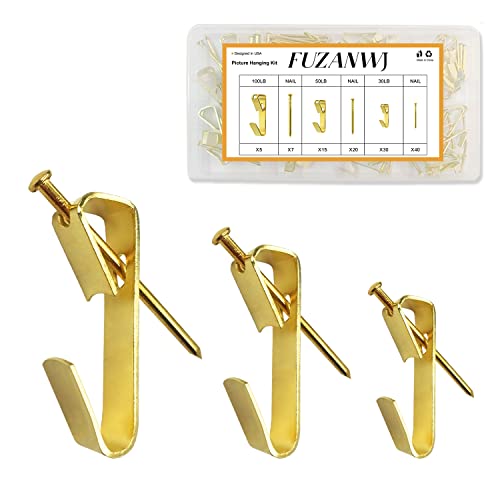 50pcs Picture Hangers with Different Sizes, Heavy Duty 30-100lbs Picture Hanging Hooks with Nails, Wall Hangers,Picture Hooks,Professional Plaster Picture Hanging Kit for Wooden Wall or Drywall - size: Gold 30-100 lbs