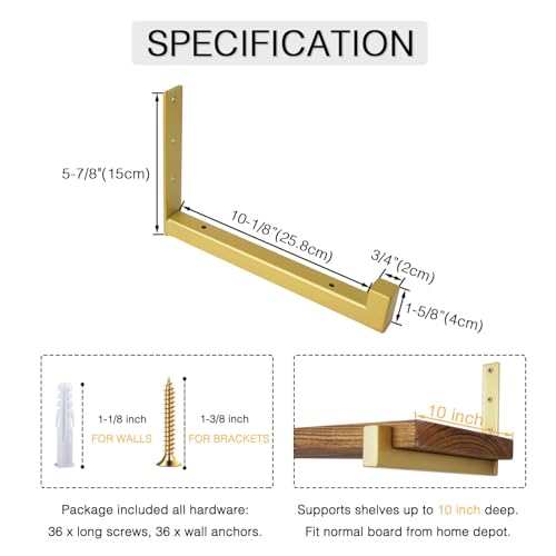 OVOV 6 Pack Heavy Duty Shelf Brackets Wall Mounted Industrial Farmhouse Floating Shelf Brackets with Lip (Gold 10") - color: Gold, size: 10 Inch