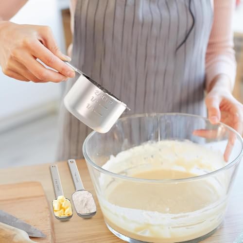 Stainless Steel Measuring Cups and Spoons Set, 6 Stainless Steel Measuring Cups, 7 Measuring Spoons & 1 Leveler, 3 Plastic Measuring Cup with 1 Measuring Conversion Chart