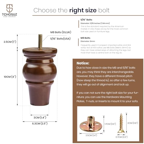 4 inch Solid Wood Bun Feet Walnut 4-Pack with Pre-drilled M8 Bolts - color: Walnut