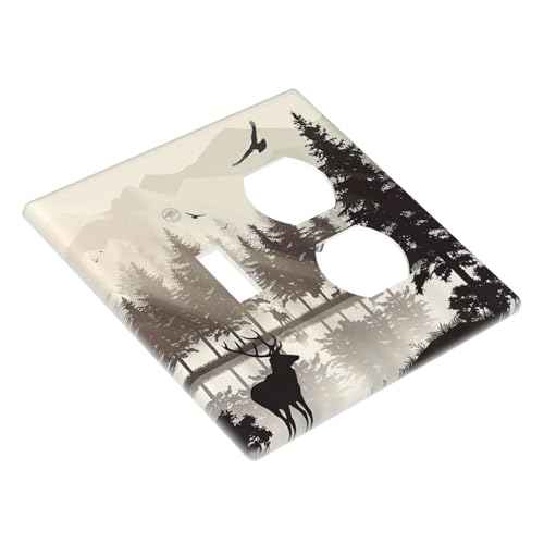Retro Rustic Deer Forest Lake Pine Tree Silhouette Wallplates 1 Toggle 1 Duplex Switch Plate Electrical GFCI Faceplate Decorative Light Switch Covers for Farmhouse Living Room Decor - color: Retro Rustic Deer Forest Lake Pine Tree Silhouette, size: 1 Togg
