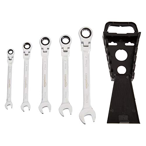 Amazon Basics 72-Tooth Ratcheting Combination Wrench Set, Chrome Vanadium Steel Flex Head, 5-Piece Metric, 180° Flexible - style: Metric