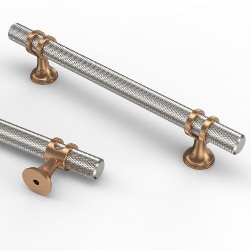 Asidrama 10 Pack 5 Inch(128mm) Knurled Satin Nickel and Champagne Bronze Kitchen Cabinet Handles, Cabinet Pulls Kitchen Cabinet Hardware Cupboard Handles Drawer Pulls - color: Nickel-Champagne Bronze, size: 5" Hole Center, style: 10 Pack
