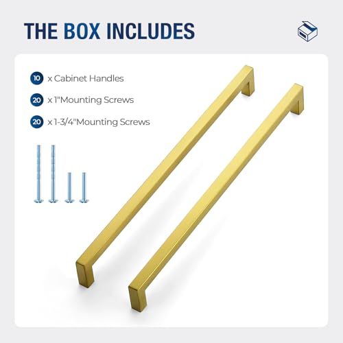 JOY DECOR Gold Cabinet Handles Square Cabinet Pulls 12-3/5 Inch CC, 10 Pack - size: 12-3/5 Inch Hole Center
