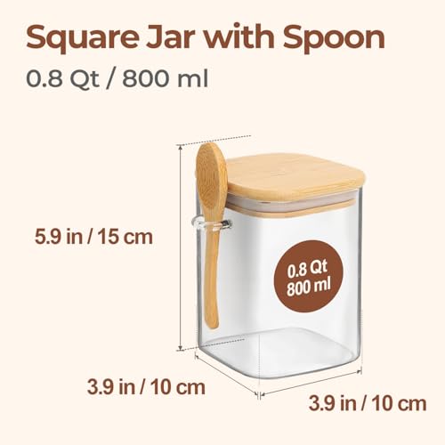 ComSaf Glass Container with Spoon & Lid 0.8 Qt, 4 Pack Glass jar with spoon | Coffee and Sugar Container Set, Coffee Bar, Salt Jar, Bamboo Lid with Silicone Seal, Spice, Seasoning Canister, BPA Free - size: 0.8Qt*4