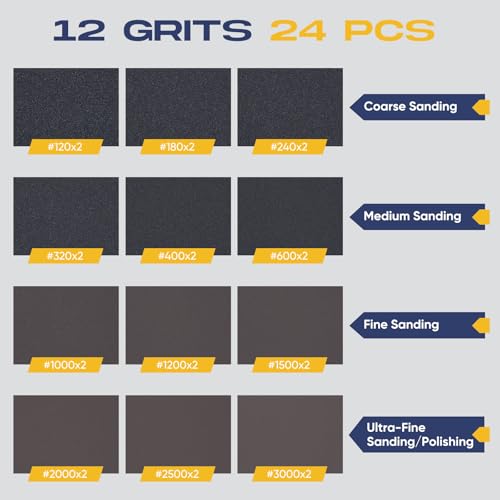 24 Pack Washable Reusable Sanding Sponge Set, 120-3000 Grit Fine Sandpaper Blocks for Wood/Metal/Auto, Wet Dry Sanding Block for Drywall & Furniture Polishing (3x4 Inch)