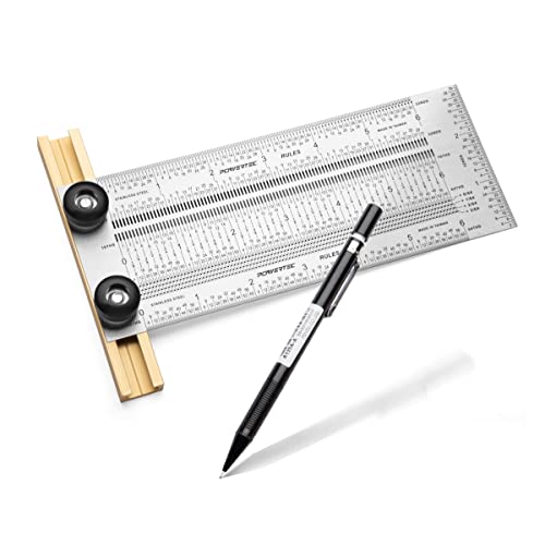 POWERTEC 6'' Precision Marking T-Square, T Rule w/Pencil for Measuring, Scribing, Setting Up Bits Height, Stainless Steel Woodworking & Crafting Marking Tools for Drill Press, Table Saw 80027 - style: 6" T Square