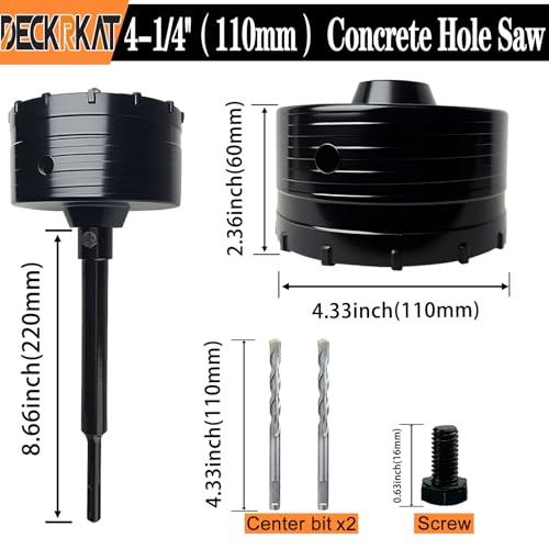 DECKRKAT 4-1/4" Concrete Hole Saw Kit,Electroplated Black Quenching Tech,Heavy-Duty Thickened Alloy Teeth,SDS Plus Shank & 2 Center Bits for Concrete,Brick,Stone. - size: (110mm)4-1/4"
