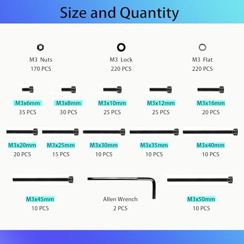 830 Pcs Metric Machine Screws Assortment Kit, M3x6/8/10/12/16/20/25/30/35/40/45/50 mm Grade 12.9 Alloy Steel Hex Socket Cap Head with Nuts and Bolts, Lock & Flat Washers for DIY, 3D Printer - size: M3x6/8/10/12/16/20/25/30/35/40/45/50mm 830pcs