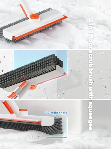 Floor Scrub Brush with Long Handle, 3 in 1 Deck Brush with Squeegee - color: Orange and White