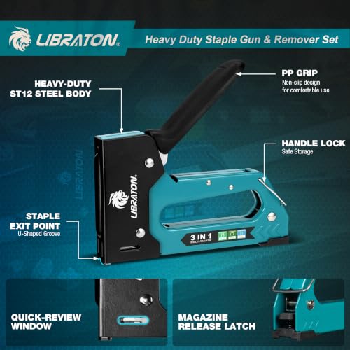 LIBRATON Heavy Duty Staple Gun for Wood Upholstery & Remover Kit, 3in1