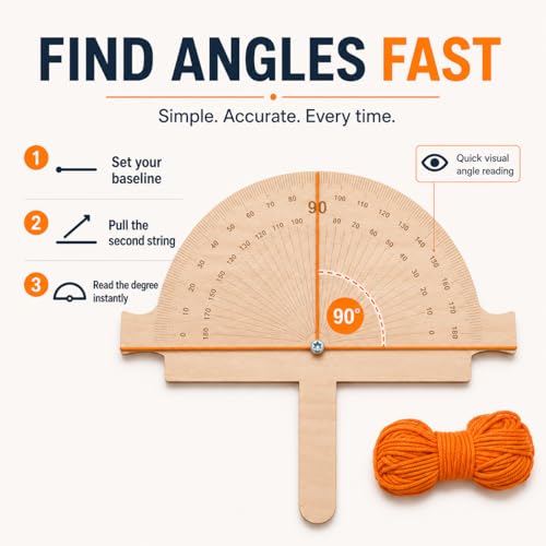 Wooden Angle Finder Tool with Orange String Line, 12" x 10" Birch Plywood Angle Ruler Protractor, 5mm Degree Finder for Construction Layout, Fencing, Foundation Marking, Welding, Pipelining & DIY