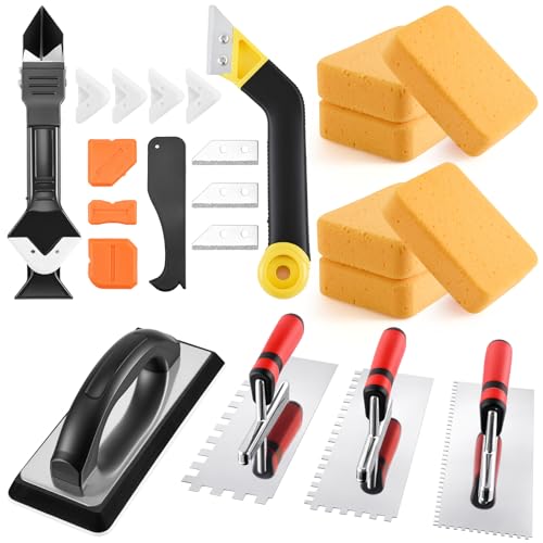 23 Pcs Tile Trowel Kit with Grout Float, Removal Tool, Silicone Caulking Tool, Grout Saw with 3 Blades, Sponges and Tile Trowels Set for Floor Wall Installation