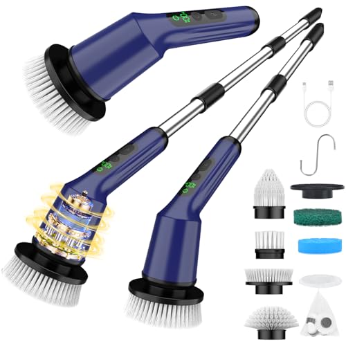 Electric Spin Scrubber for Bathroom, Shower Scrubber with Long Handle - color: Navy, size: 8 Brush Heads