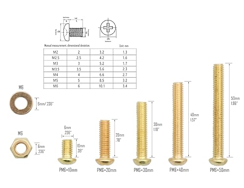LBY 80pcs Machine Screws Assortment Kit, M6 Phillips Pan Head Bolts, 5 Sizes (with Nuts and Flat Washers), Copper (Yellow) - size: M6