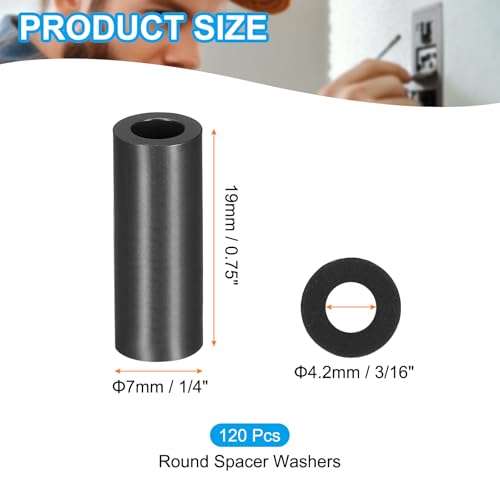 PATIKIL 120Pcs ABS Spacers 4mm ID, 7mm OD, 19mm Height Plastic Round Stud Spacer Black Nylon Washers Nut Unthreaded Rubber for M4 Screws Bolts Barrel - size: 4mm ID, 7mm OD, 19mm Height