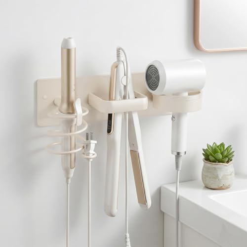 Hair Dryer Holder Curling Iron Holder Flat Iron, Curling iron holder wall mount, 3 in 1 Bathroom Hair Tool Organizer Rack for Universal Dryer,(milky white) - style: Circle style