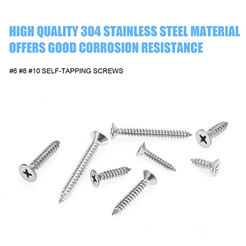 DYWISHKEY 320 Pieces #6#8#10 Stainless Steel 304 Phillips Flat Head Self-Tapping Screws, Wood Screws Assortment Kit - size: #6#8#10