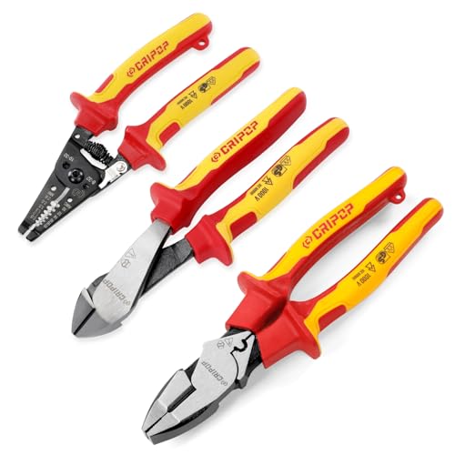 3 PCS Insulated Pliers Set, 1000V Insulated Electrical Tools Kit with Wire Stripper, Linesmen & Diagonal Cutters, VDE Certified