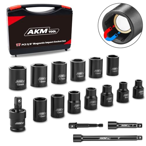 17PCS 3/8 Inch Drive Magnetic Impact Socket Set, Metric, 7mm-19mm, 6 Point, Cr-Mo, Square Drive, Magnetic Socket with Universal Joint, Drill Bit Adapter & Extension - size: 17PCS 3/8" Magnetic Socket Set