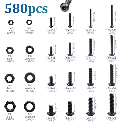 NINDEJIN 580pcs M2 M3 M4 M5 Hex Socket Cap Screws Set, 8 12 16 20mm Screw Bolts and Nuts Assortment Kit, 304 Stainless Steel Metric Hex Socket Screws and Nuts and Flat Wahser Set, Fully Machine Thread - size: 580Pcs M2-M5 8mm-20mm