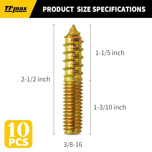 TPmax 10 Pack 3/8-16 x 2-1/2 Inch Hanger Bolts Double Headed Bolts Self-Tapping Screw Hanger Bolts for Furniture (3/8-16" x 2-1/2") - size: 3/8-16" x 2-1/2"