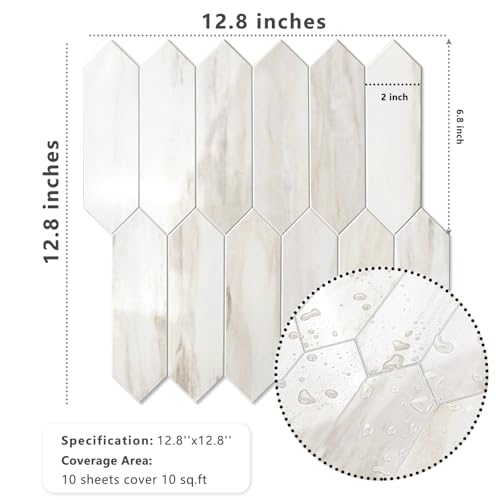 Vamos Tile Glossy Wood Marble Grain Backsplash Tile Peel and Stick, 12.8 x 12.8 Inch 10 Sheets Long Hexagon PVC Self Adhesive Mosaic Wall Tiles Stick on Backsplash for Kitchen and Bathroom - color: Glossy Wood Marble Pinkish Grain