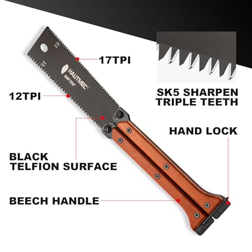 HAUTMEC Folding Japanese Pull Saw, 6-Inch Double-Edged Hand Saw with SK5 Blade (12/17 TPI), Beech Wood Handle & Storage Pouch – Compact Flush Cut Handsaw for Woodworking & Precision Cuts – HT0446
