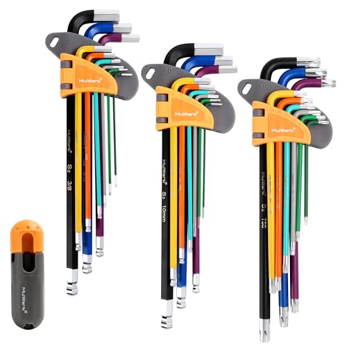 MULWARK 28 PCS Allen Key Set, Long Arm Ball End Hex Key Wrench Set with T-Handle | SAE 1/16–3/8, Metric 1.5–10mm, Torx T10–T50 | S2 Steel Allen Wrenches Set - style: 28 pcs Metric SAE Torx