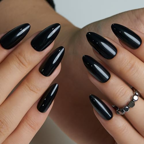 CurvLife Long Almond Fall Press On Nails, Black, Soft Gel - color: Soft Black